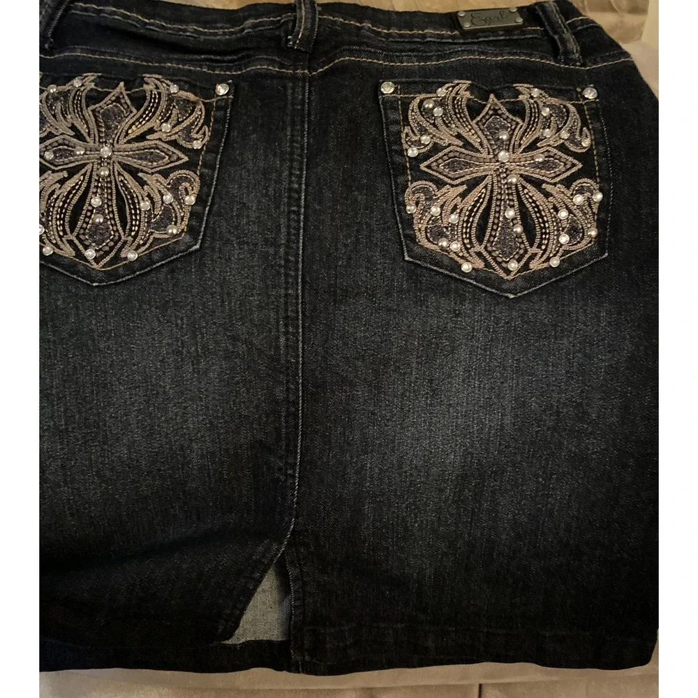 Earl Jean Denim Mini Skirt Bling Cross Dark Wash Country Festival Women's Sz 8